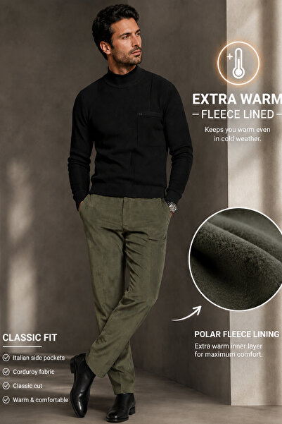 Varetta Men's Green Winter Velvet Thin Corded Wool Inside Classic Cut Trouser...