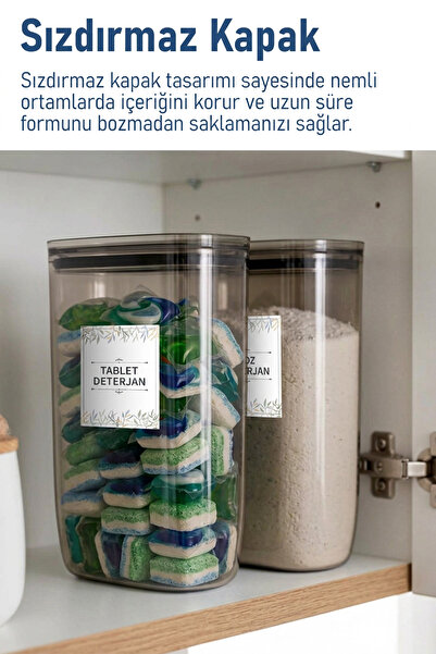 İronika Etiket Hediyeli Sızdırmaz Kapaklı Tablet Toz Deterjan Saklama Kabı 2100 ml 2 Adet Füme