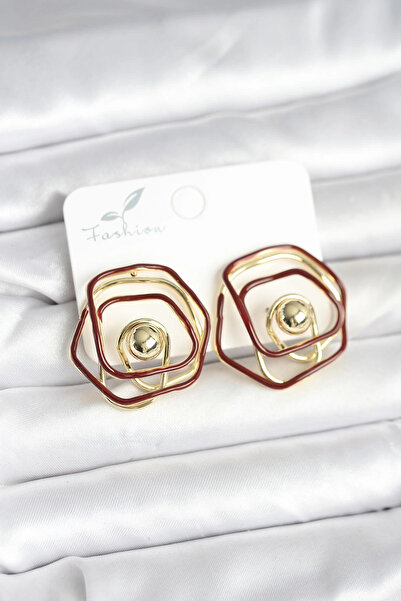Skygo Brass Gold Color Burgundy Enamel Geometric Rose Model Women's Earrings