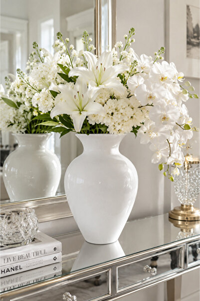 ANGDESİGN Defne Glass Vase 25 cm •• White Painted 6Y24007 •• Decorative Vase ...