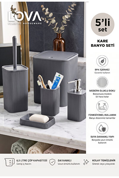 lovagroup Modern Çizgili 5 Parça Kare Banyo Seti - Çöp Kovası-WC Fırçası Sıvı...