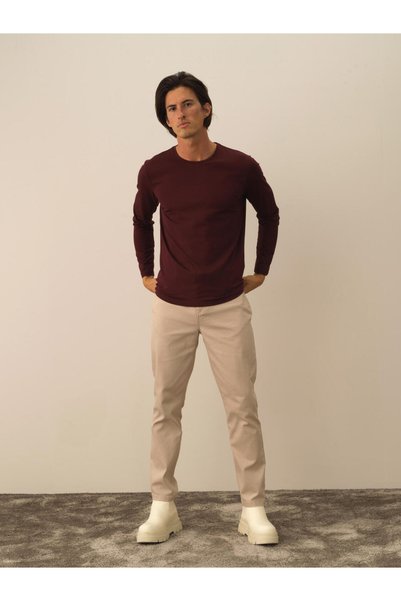 Xint Erkek Bordo Slim Fit Bisiklet Yaka Modal Uzun Kol Tişört