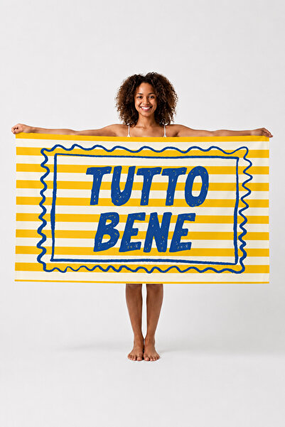 ASDİVA Tutto Bene Written Yellow and White Striped Beach Towel 75X150