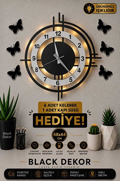 Blackdekor Black Dekor - Beyaz Siyah Led Işıklı Duvar Saati | Modern Şık 50 C...