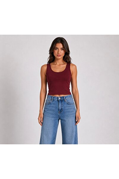 HELMİRA Women's Burgundy U-Neck Crop Tank Top, Flexible Comfortable Fabric, L...