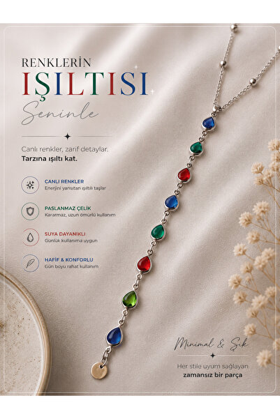 TrendimAksesuar Stainless Steel Y Necklace with Colored Stones