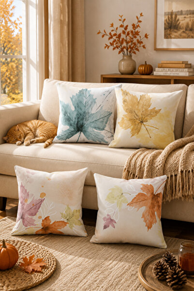 Moud's Double Sided Printed Autumn Leaves Patterned 4-Piece Combination Suede...