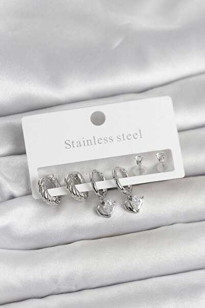 Inure Jewelry 316L Steel Silver Color Heart Detailed Women's Earring Set