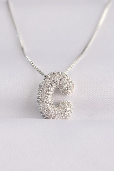 Inure Jewelry 316L الصلب سلسلة الزركون حجر حرف C قلادة فقاعة اللون الفضي