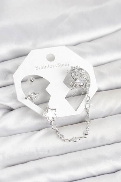 Inure Jewelry طقم أقراط على شكل نجمة من النحاس الفضي اللون مع سلسلة متصلة
