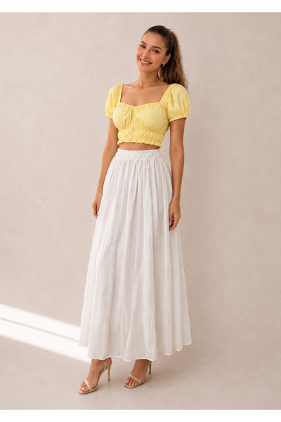Kahra Collection Beyaz Hafif Kırışık Model Astarlı Crush Etek