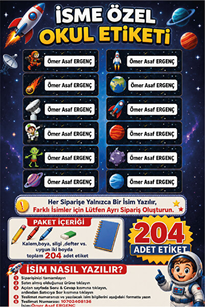 Ayza Tasarım İsme Özel Su Geçirmez Uzay Temalı Okul Etiketi Sticker Kişiye Öz...
