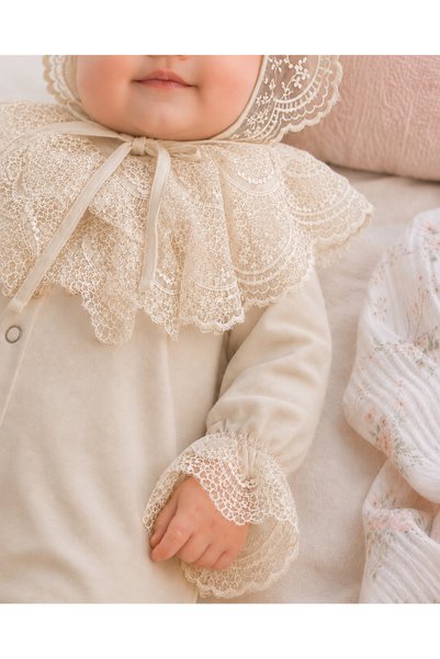 MİNSTY Lora Hat Mevlütlük Jumpsuit Set with Lace Collar Detail - 100% Cotton Beige