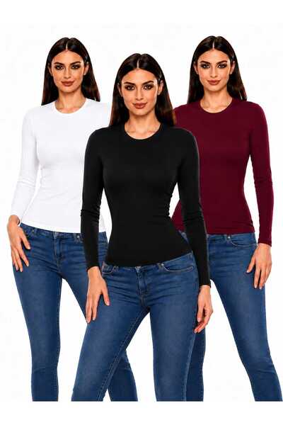 ROKİDS Women's 3-Piece Crew Neck Long Sleeve Lycra Hijab Combed Cotton Bodysuit