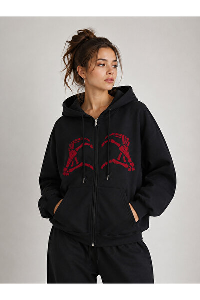 Boi Y2k Skeleton Hand Sweatshirt Zippered Cardigan - Black Printed Oversize W...