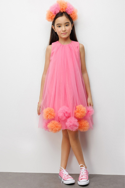 Le Mabelle Fuchsia Girls' Dress with Pom-Pom Detail on the Skirt - Alexa