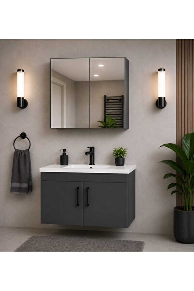 Genel Markalar Modern Luna 65 cm Antrasit MDF Banyo Dolabı Takımı Aynalı Üst ...