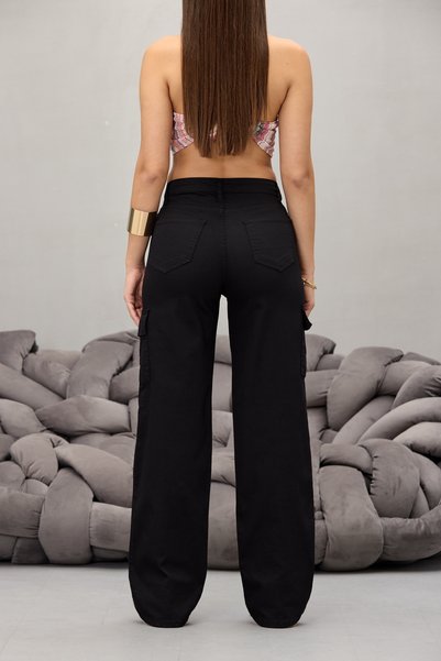 BİKELİFE Siyah Kargo Cepli Likralı Yüksek Bel Wide Leg Pantolon
