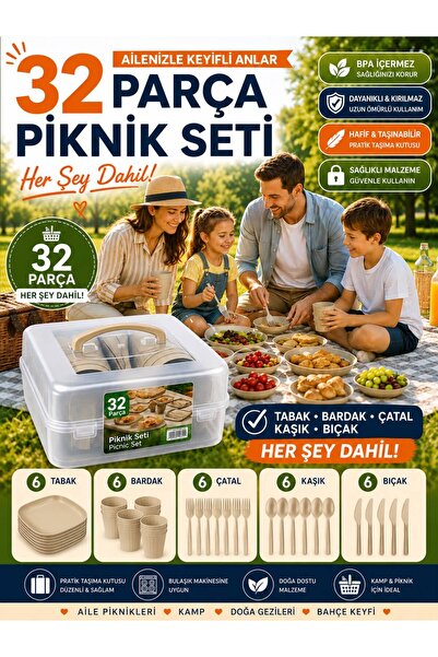 Arsimo 32 Parça Kare Piknik Seti | Piknik Tabak Çatal Kaşık Bıçak Bardak ve S...