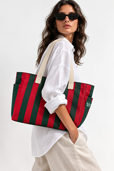 WOLF & ROCK Renkli Çizgili Gabardin Omuz ve Plaj Çantası