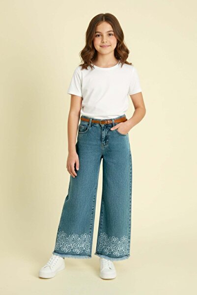 Fulla Moda Flower Embroidered Girl's Pants with Adjustable Waist