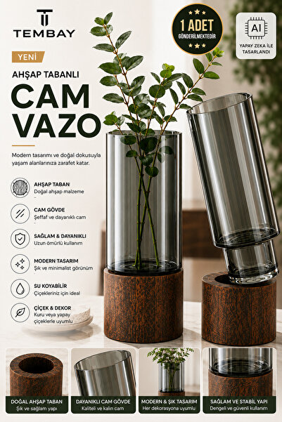 TEMBAY Füme Cam Vazo Ahşap Tabanlı Silindir Dekoratif Çiçek Vazosu 25 cm