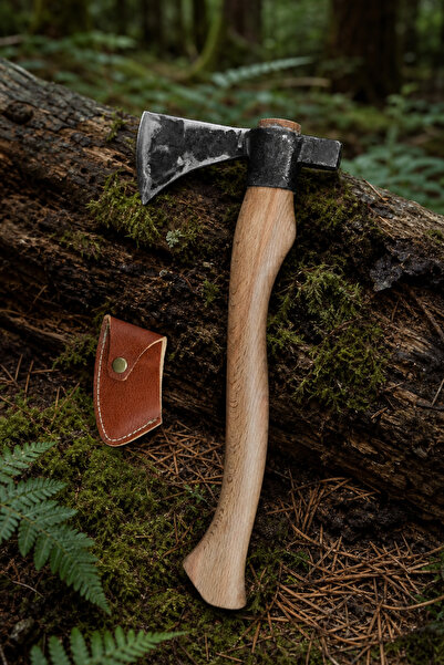 Aki ALAZ | Yekpare Dövme Çelik Bushcraft Kamp Baltası – Hakiki Deri Ağız Kılıflı