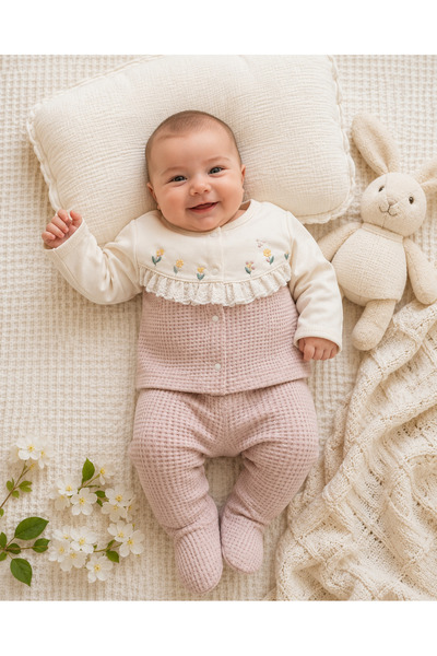 Gaye Bebe Floral Embroidered Waffle Textured 0-3 Months Set of 10 Baby Girl H...