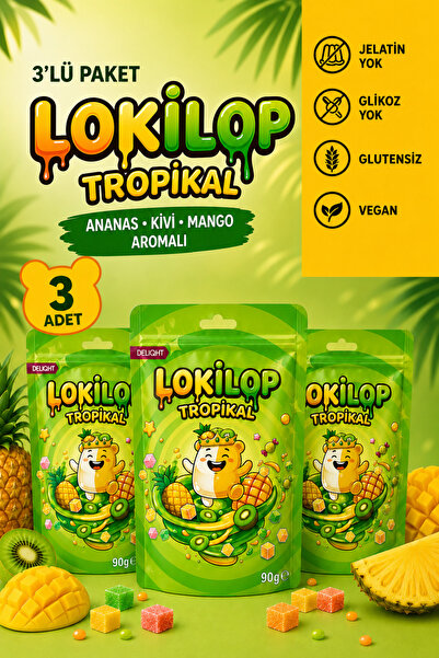 Deliqht Lokilop Tropikal 3 Adet X 90G Jelatinsiz Glikozsuz Glutensiz Vegan Ek...