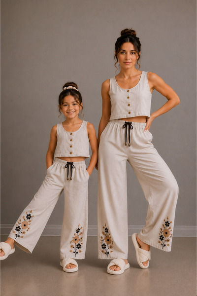 Sahil Collection Nakış Detaylı Yazlık Keten Kumaş Yelek Pantalon Takım (Anne ...