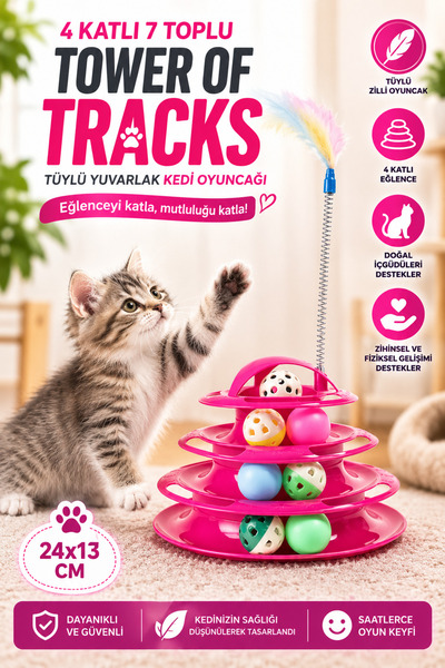 Glipet Tower Of Tracks 4 Katlı 7 Toplu Ve Tüylü Yuvarlak Kedi Oyuncağı 24 X 1...