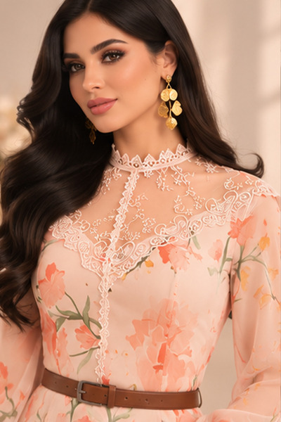 Stylish Fashion High-End Turkish Style Fashion Dress Supplier Apricot Color Lace Decoration Elegant Belt Dress