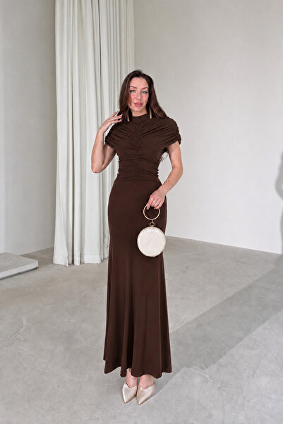 MİROR Women's Brown Draped High Collar Fish Model Maxi Dress