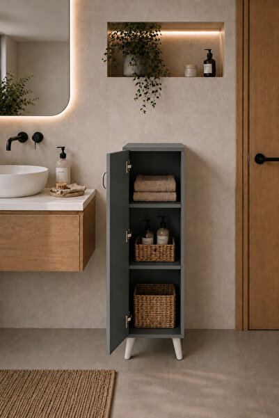 Egecan Mobilya Antrasit Tek Kapaklı 3 Raflı Banyo Dolabı Havlu Dolabı Sabunluk Kiler Dolabı Erzak Dolabı