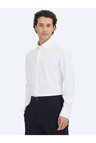 Kip White Plain Regular Fit Long Woven Casual 100% Cotton Shirt