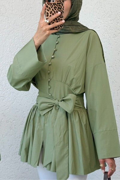 Modamorfo Beli Lace-Up Tunic with Stone Buttons -Çağla Y.