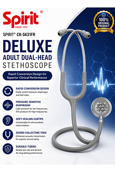 Spirit CK-S631FR Gray Classic Deluxe Dual Head Rapid Conversion Stethoscope w...