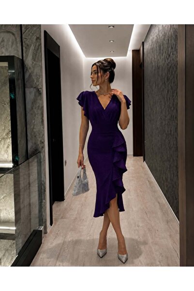 Modafeminen Flowers Volanlı Kumaş Simli Elbise 582046 Mor