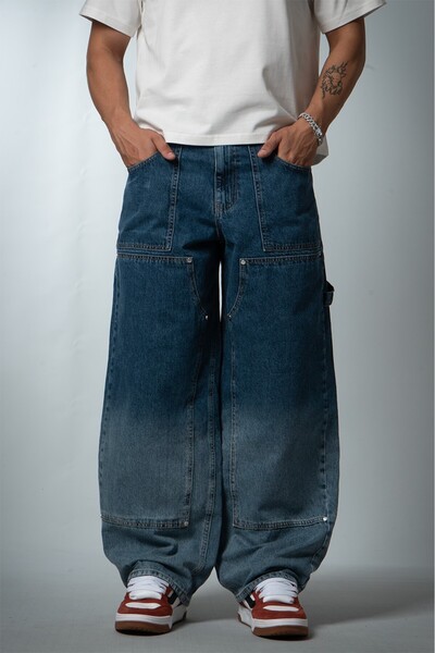 GRJ denim بنطال جينز رجالي من Urban Utility Denim Blue أرجل واسعة فضفاض للغاية