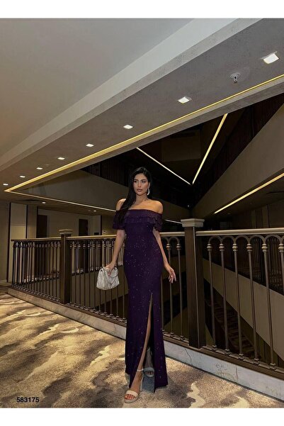 Modafeminen Glitter Off Shoulder Ruffle Slit Detail Evening Dress Purple 583175
