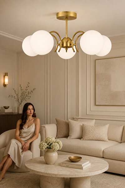 ESSLİGHT Hazal 5’li Eskitme Beyaz Camlı Modern Salon Mutfak Yatak Odası Avizesi
