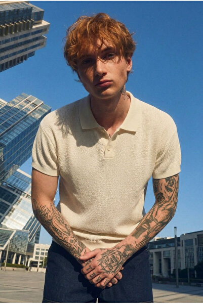 DAMGA JEANS تي شيرت رجالي ذو ياقة بولو من نسيج Elite Comfort بلون كريمي فضفاض