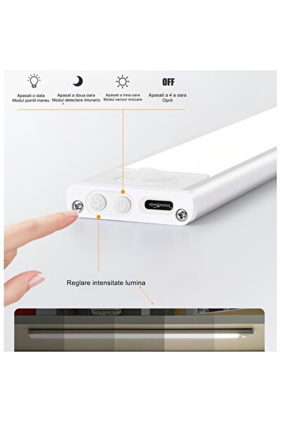 Flippy Lampa LED cu Senzor de Lumina si Miscare 30 cm, Flippy, Intensitate Reglabila, Suport Magnetic, 21 LED-uri, 114.59lm , Acumulator 600mAh cu Reincarcare prin USB-C