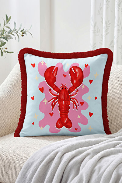 Realhomes Pop Art Patterned Fringed Throw Pillow Cover with Heart and Lobster...