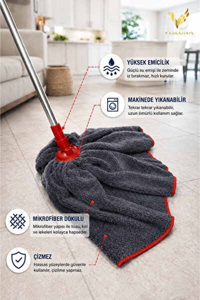 VİSLUNA ( 1 Adet ) Mega Boy Gri Mikrofiber Paspas Mop Yedek Ucu, Lüks Kalite, Yüksek Emici, Çizmez, Toz Kir Hapseden Mop Yedek Havlu