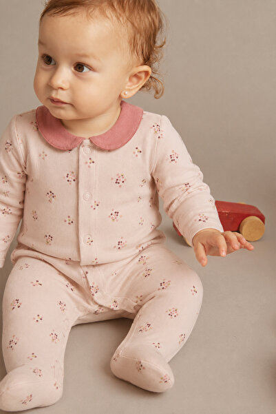 Cigit Çıtır Çiçek Desenli Bebe Yaka Tulum 0-9 Ay Pudra Pembe