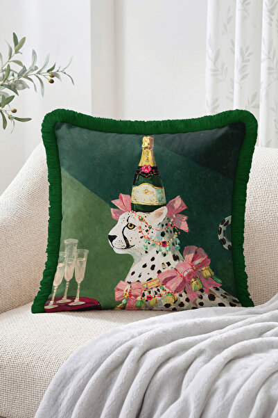 Realhomes Green Floor Fringed Cushion Cover with Leopard Carrying a Champagne...