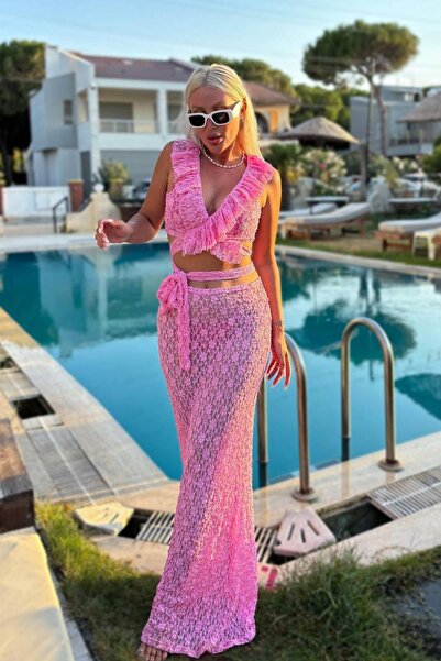Afitapbutikmoda Dantel Baglama Detaylı Crop Etek Takım Plaj Elbisesi