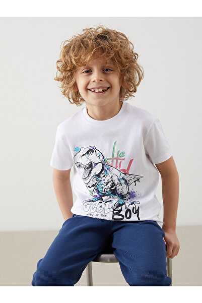 LC Waikiki Nevavm Oval Collar Dinosaur Printed Boy's T-Shirt with Difference