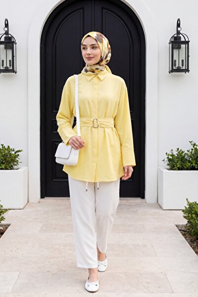 Modamorfo Poplin Tunic with Buckle Belt, Double Cuff Sleeves and Hidden Butto...